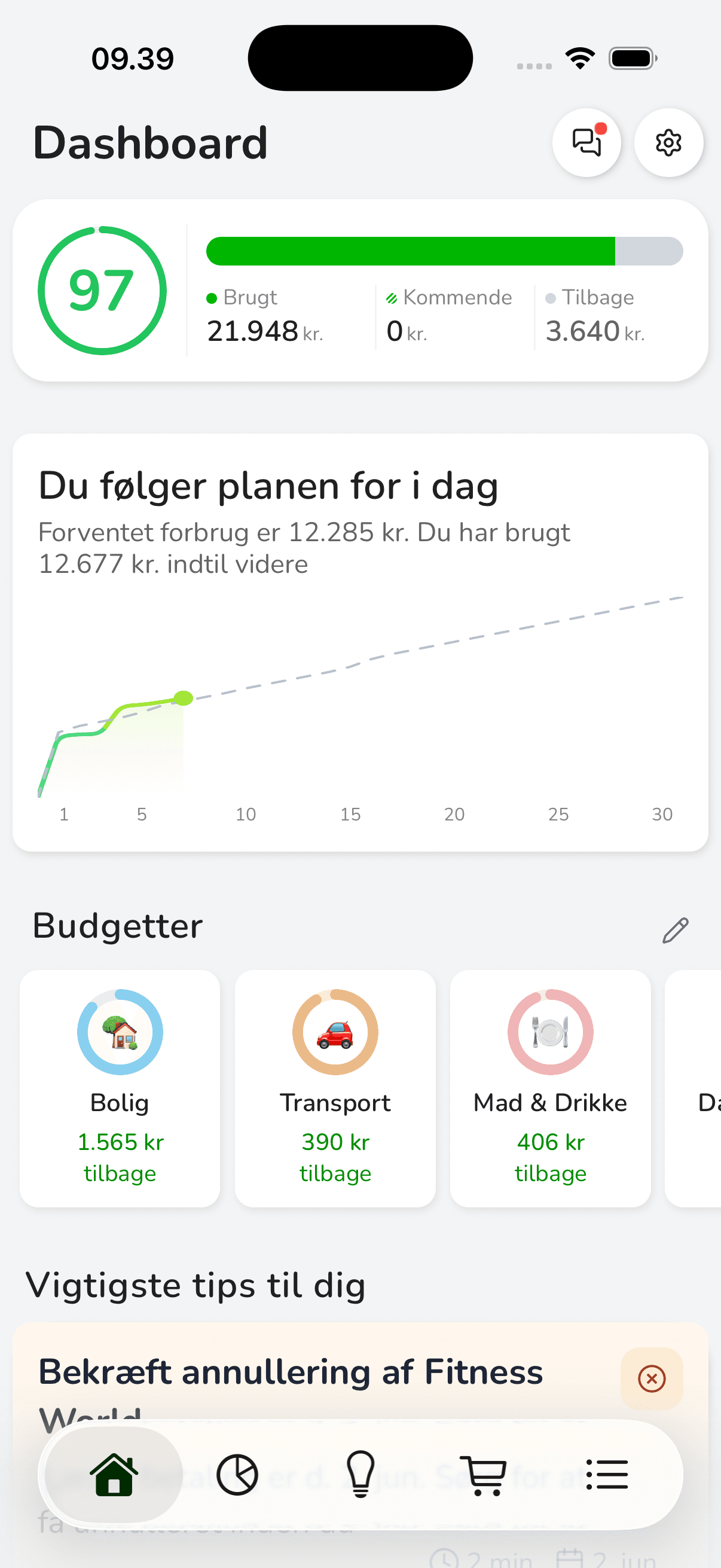 Bliss dashboard med overblik over økonomi