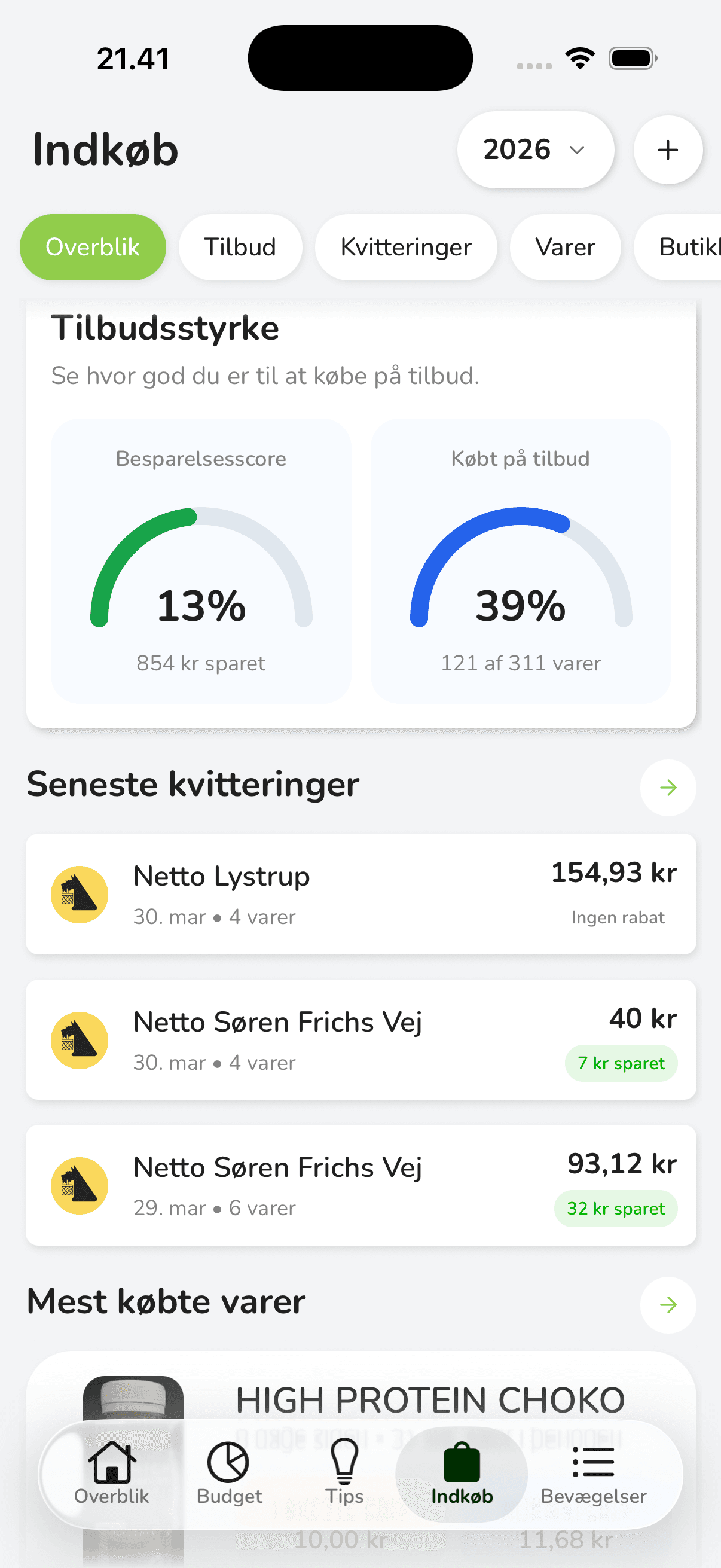 Bliss kvitteringer og transaktioner
