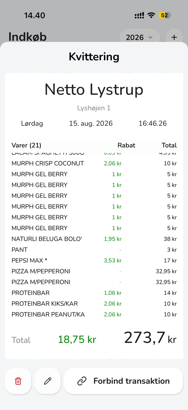 Bliss-appen: kvittering fra Netto med rabat pr. vare