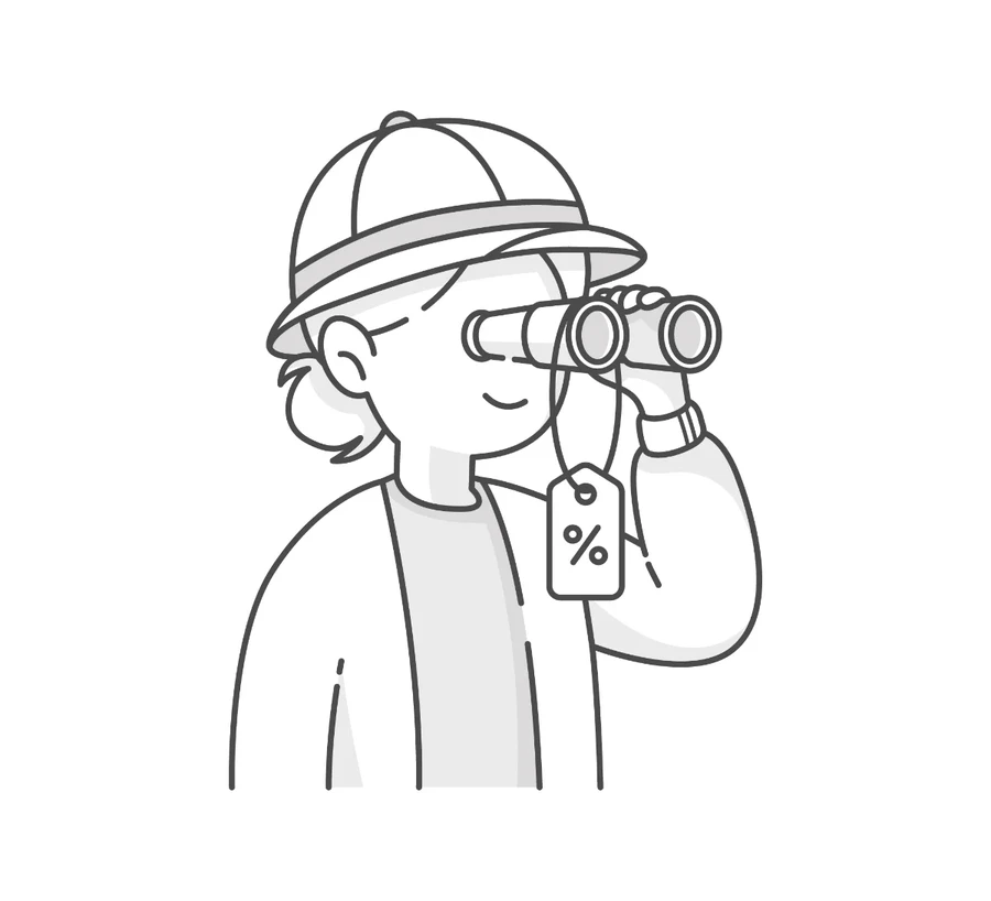 Illustration af person med kikkert og prismærke