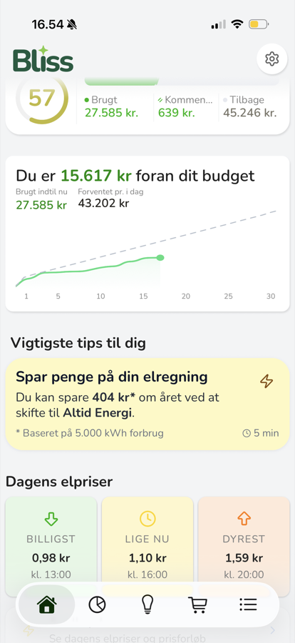 Bliss-appen viser budget og dagens elpriser side om side